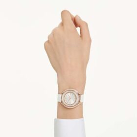 Relógio Crystalline Aura «Swiss Made», bracelete em couro, branco, acabamento em tom de ouro rosa
