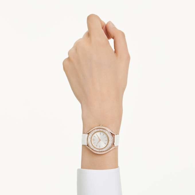 Relógio Crystalline Aura «Swiss Made», bracelete em couro, branco, acabamento em tom de ouro rosa Relógio Crystalline Aura «Swiss Made», bracelete em couro, branco, acabamento em tom de ouro rosa