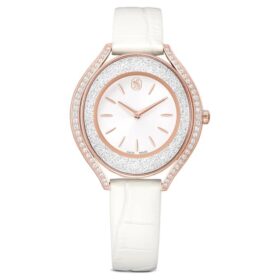 Relógio Crystalline Aura «Swiss Made», bracelete em couro, branco, acabamento em tom de ouro rosa