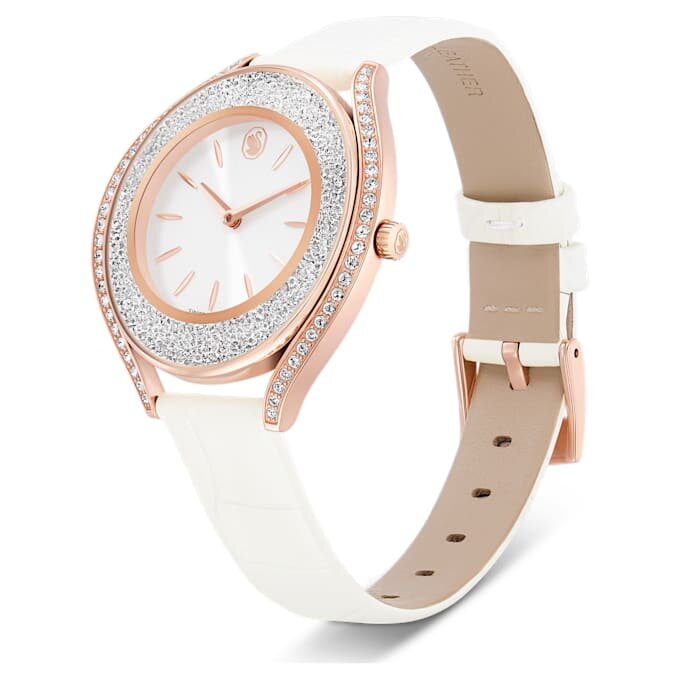 Relógio Crystalline Aura «Swiss Made», bracelete em couro, branco, acabamento em tom de ouro rosa Relógio Crystalline Aura «Swiss Made», bracelete em couro, branco, acabamento em tom de ouro rosa