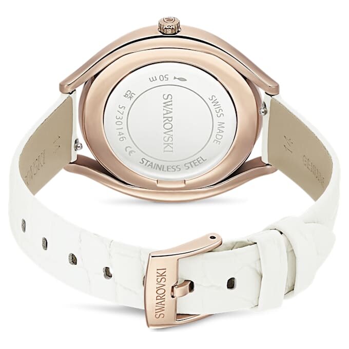 Relógio Crystalline Aura «Swiss Made», bracelete em couro, branco, acabamento em tom de ouro rosa Relógio Crystalline Aura «Swiss Made», bracelete em couro, branco, acabamento em tom de ouro rosa