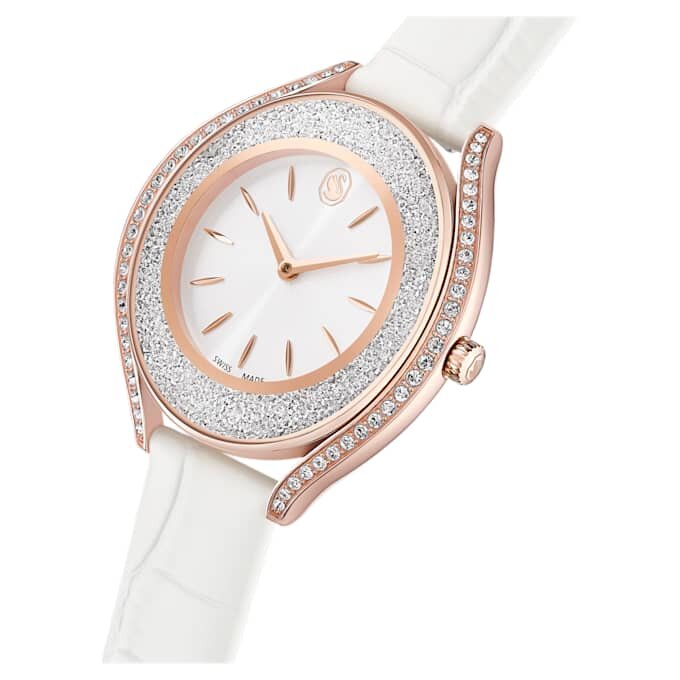 Relógio Crystalline Aura «Swiss Made», bracelete em couro, branco, acabamento em tom de ouro rosa Relógio Crystalline Aura «Swiss Made», bracelete em couro, branco, acabamento em tom de ouro rosa