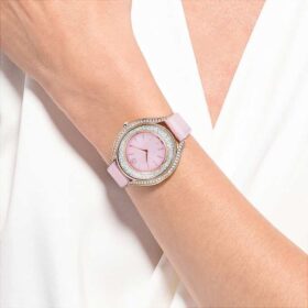 Relógio Crystalline Aura «Swiss Made», bracelete em pele, cor-de-rosa, acabamento em tom de ouro rosa
