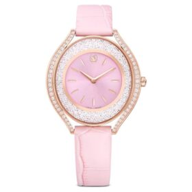 Relógio Crystalline Aura «Swiss Made», bracelete em pele, cor-de-rosa, acabamento em tom de ouro rosa