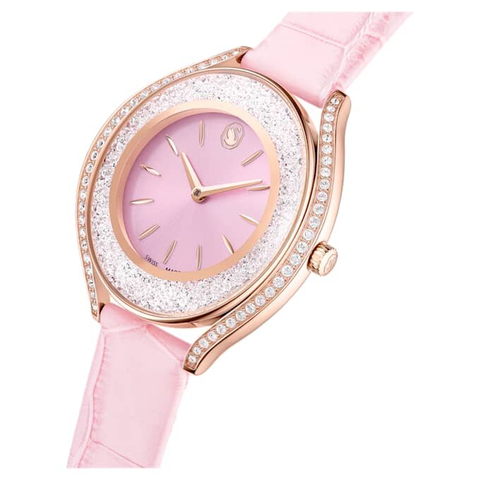 Relógio Crystalline Aura «Swiss Made», bracelete em pele, cor-de-rosa, acabamento em tom de ouro rosa Relógio Crystalline Aura «Swiss Made», bracelete em pele, cor-de-rosa, acabamento em tom de ouro rosa