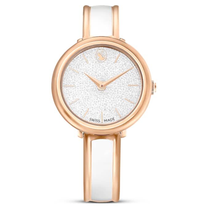 Relógio Crystalline tipo pulseira, fabricado na Suíça, pulseira em metal, branco, acabamento em tom de ouro rosa Relógio Crystalline tipo pulseira, fabricado na Suíça, pulseira em metal, branco, acabamento em tom de ouro rosa