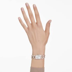 Relógio Dextera com corrente, fabricado na Suíça, pulseira de cristais, branco, acabamento em tom de ouro champanhe