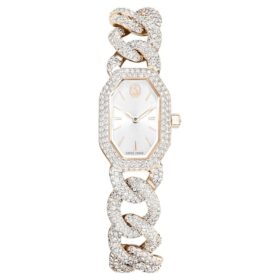 Relógio Dextera com corrente, fabricado na Suíça, pulseira de cristais, branco, acabamento em tom de ouro champanhe