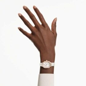Relógio Dextera Octagon Swiss Made, bracelete em pele, branco, acabamento em tom de ouro rosa