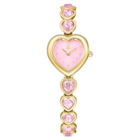 Relógio Idyllia Heart com pulseira de cristais, rosa, acabamento dourado