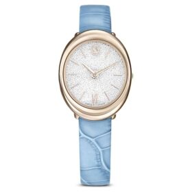 Relógio Imber Oval Swiss Made, bracelete em pele, azul, acabamento em tom dourado champanhe