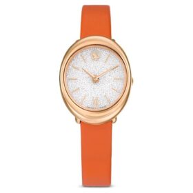 Relógio Imber Oval Swiss Made, bracelete em pele, laranja, acabamento em tom de ouro rosa