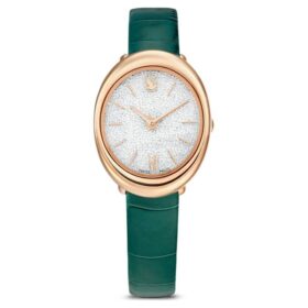 Relógio Imber Oval Swiss Made, bracelete em pele, verde, acabamento em tom de ouro rosa