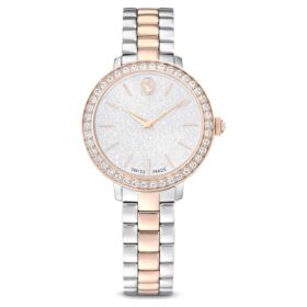 Relógio Matrix de 3 elos, fabricado na Suíça, pulseira em metal, tom prateado, acabamento em tom de ouro rosa