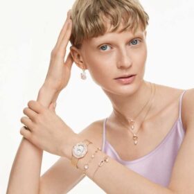 Pulseira Constella com pérola de cristal, corte redondo, branca, banhada a ouro rosa