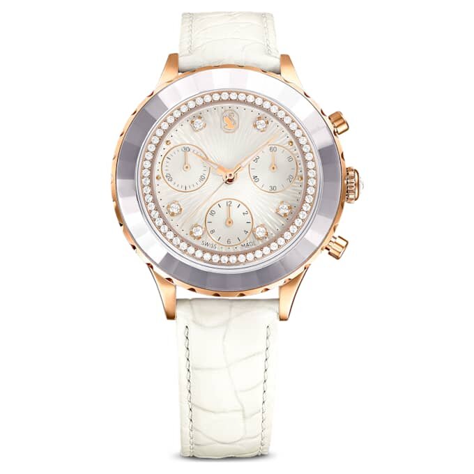 Relógio Octea Chrono «Swiss Made», bracelete em pele, branco, acabamento em tom de ouro rosa Relógio Octea Chrono «Swiss Made», bracelete em pele, branco, acabamento em tom de ouro rosa