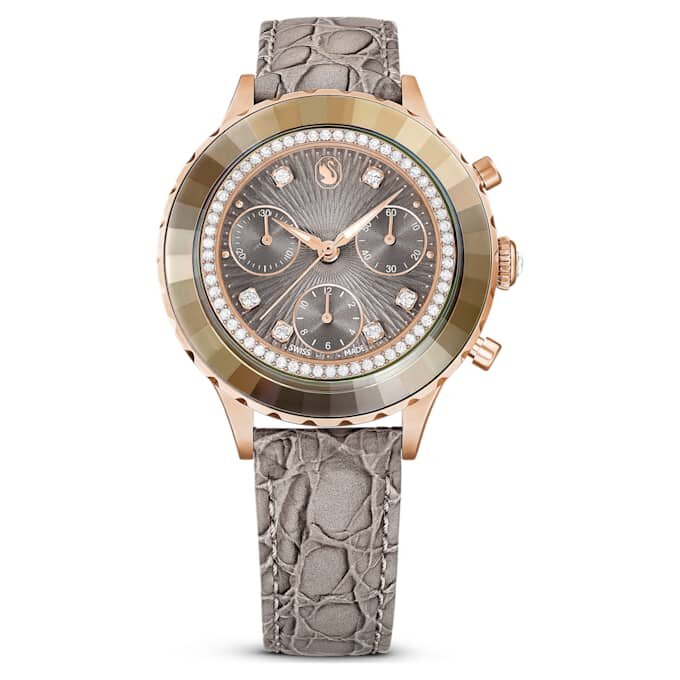 Relógio Octea Chrono Swiss Made, bracelete em pele, cinzento, acabamento em tom de ouro rosa Relógio Octea Chrono Swiss Made, bracelete em pele, cinzento, acabamento em tom de ouro rosa