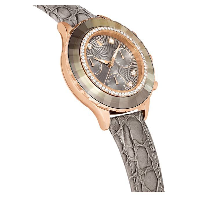 Relógio Octea Chrono Swiss Made, bracelete em pele, cinzento, acabamento em tom de ouro rosa Relógio Octea Chrono Swiss Made, bracelete em pele, cinzento, acabamento em tom de ouro rosa