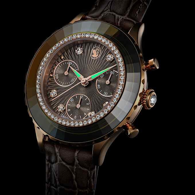 Relógio Octea Chrono Swiss Made, bracelete em pele, cinzento, acabamento em tom de ouro rosa Relógio Octea Chrono Swiss Made, bracelete em pele, cinzento, acabamento em tom de ouro rosa