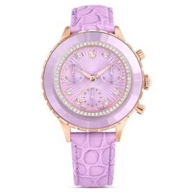 Relógio Octea Chrono Swiss Made, bracelete em pele, roxo, acabamento em tom de ouro rosa
