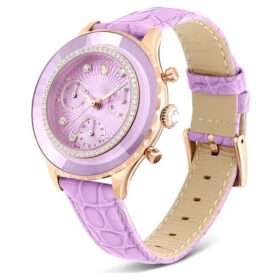Relógio Octea Chrono Swiss Made, bracelete em pele, roxo, acabamento em tom de ouro rosa
