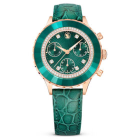 Relógio Octea Chrono «Swiss Made», bracelete em pele, verde, acabamento em tom de ouro rosa