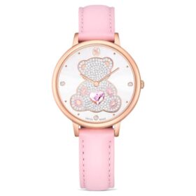Relógio Teddy Swiss Made, bracelete em pele, cor-de-rosa, acabamento em tom de ouro rosa