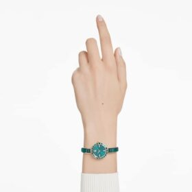 Relógio tipo pulseira Matrix, fabricado na Suíça, pulseira com cristais, verde, acabamento em tom dourado champanhe
