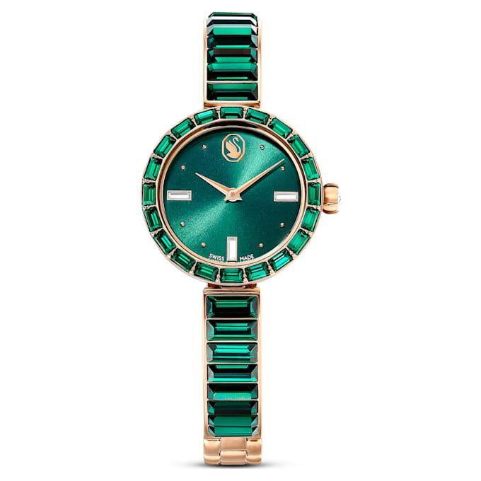 Relógio tipo pulseira Matrix, fabricado na Suíça, pulseira com cristais, verde, acabamento em tom dourado champanhe Relógio tipo pulseira Matrix, fabricado na Suíça, pulseira com cristais, verde, acabamento em tom dourado champanhe