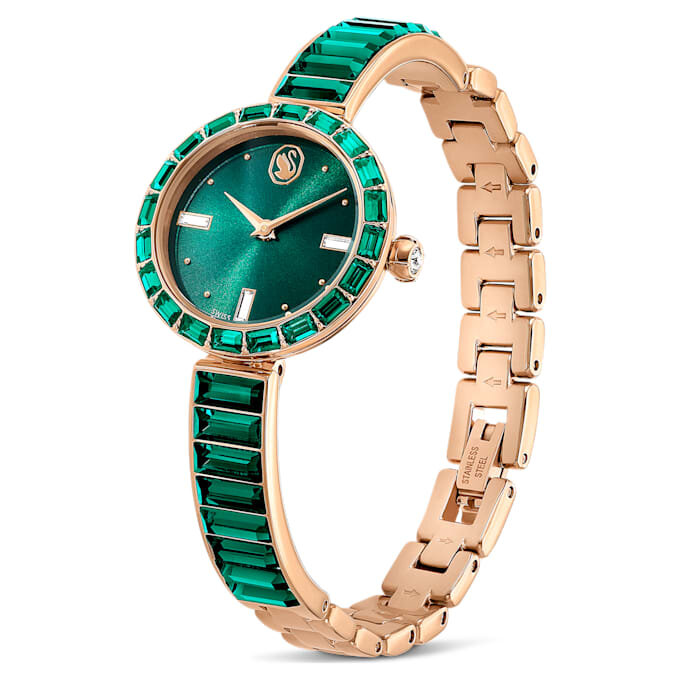 Relógio tipo pulseira Matrix, fabricado na Suíça, pulseira com cristais, verde, acabamento em tom dourado champanhe Relógio tipo pulseira Matrix, fabricado na Suíça, pulseira com cristais, verde, acabamento em tom dourado champanhe