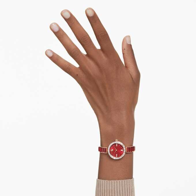 Relógio tipo pulseira Matrix, fabricado na Suíça, pulseira com cristais, vermelho, acabamento em tom de ouro rosa Relógio tipo pulseira Matrix, fabricado na Suíça, pulseira com cristais, vermelho, acabamento em tom de ouro rosa