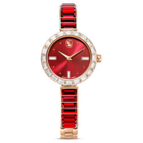 Relógio tipo pulseira Matrix, fabricado na Suíça, pulseira com cristais, vermelho, acabamento em tom de ouro rosa