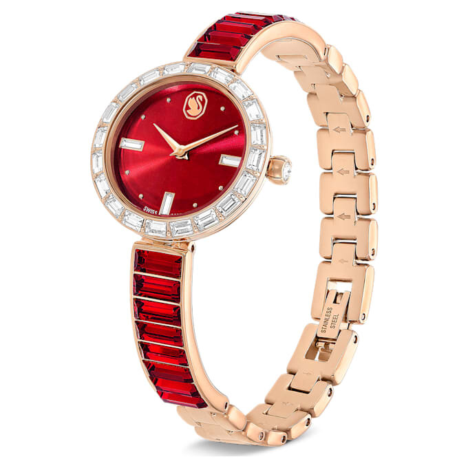 Relógio tipo pulseira Matrix, fabricado na Suíça, pulseira com cristais, vermelho, acabamento em tom de ouro rosa Relógio tipo pulseira Matrix, fabricado na Suíça, pulseira com cristais, vermelho, acabamento em tom de ouro rosa